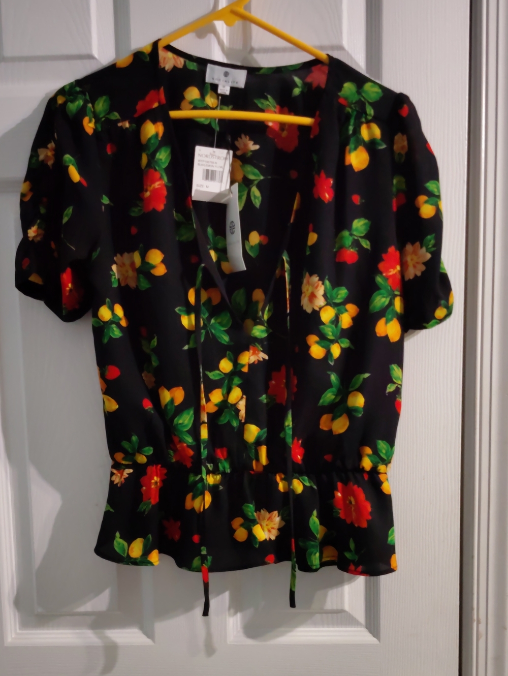 NWT, Black Peplum Blouse With Tie Front In Floral Print By Socialite Size M